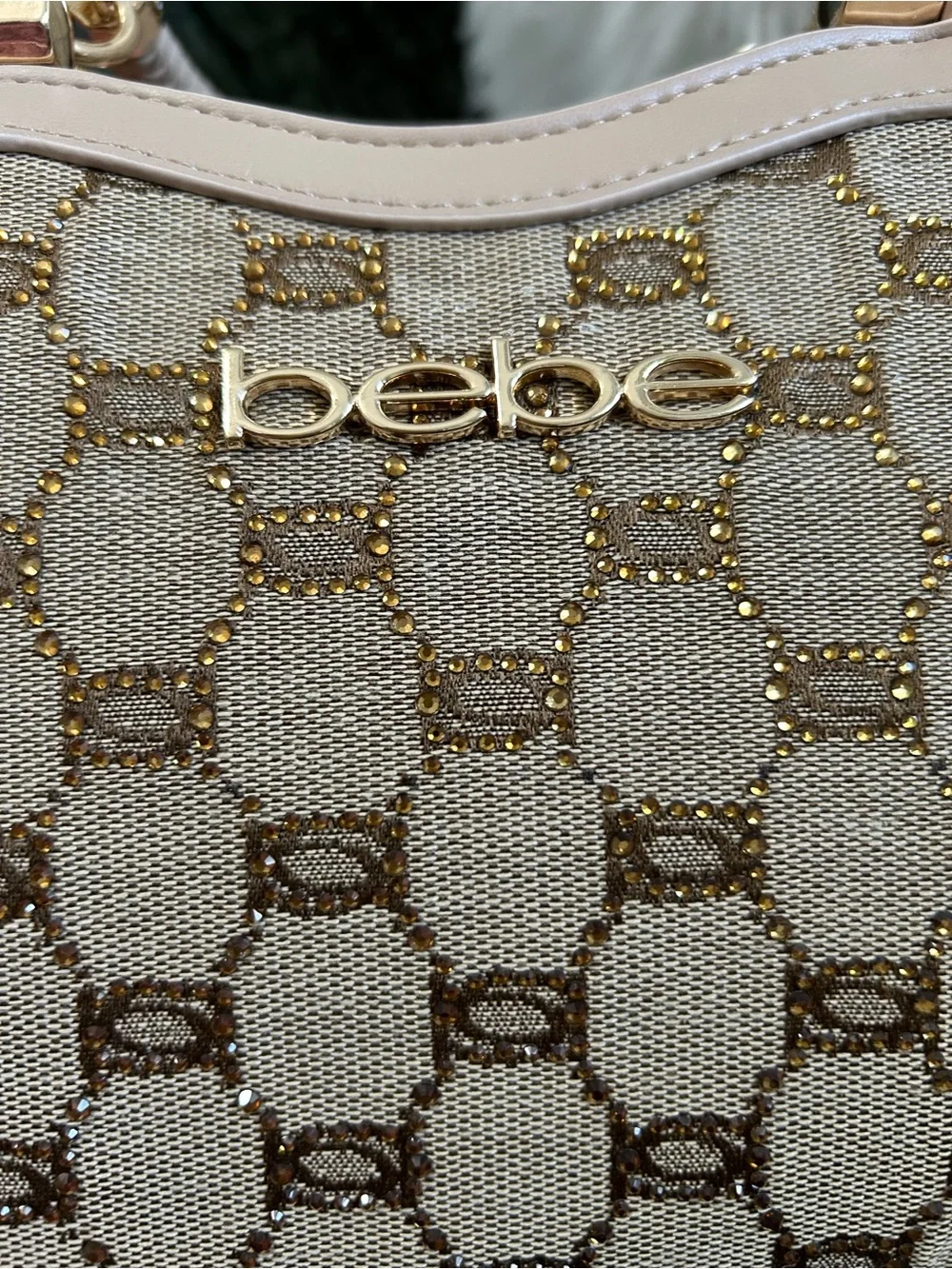 NWT Bebe Celia Beige Tan Logo Jacquard Braided-Handle Mini-Satchel